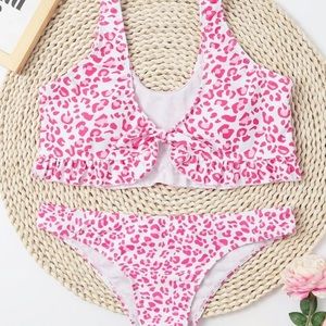 Pink Leopard Knot Ruffle Bikini Swimsuit NWOT